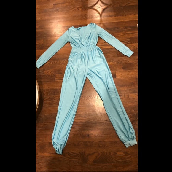 Shiny, stretchy  blue Bodycon vneck, skinny leg  jumpsuit women’s onsie size L - Picture 7 of 9